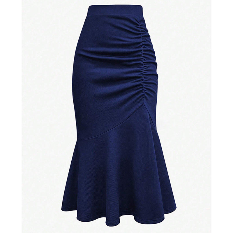 Women Casual Solid Color Pleated Fishtail Midi Skirt