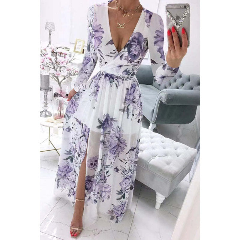 Vestido largo informal de verano para mujer, de gasa, bohemio, con estampado floral, cuello en V y manga larga