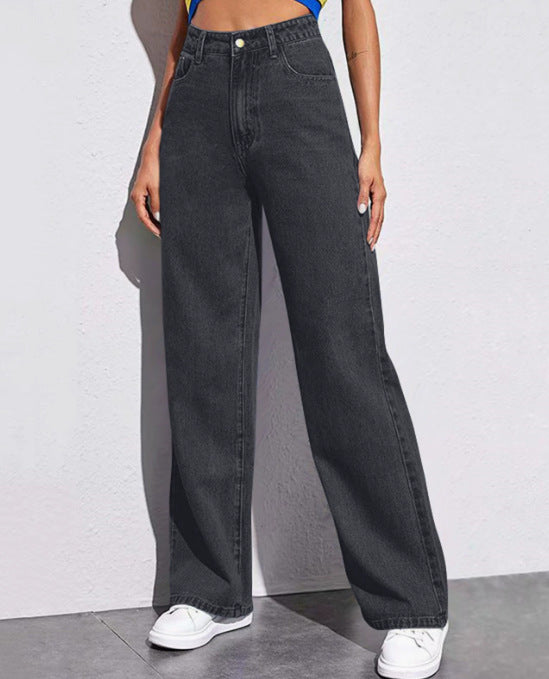 Women Fashion Casual Solid Color High Waist Jeans