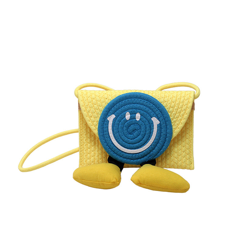 Bolso bandolera creativo de paja con carita sonriente de verano