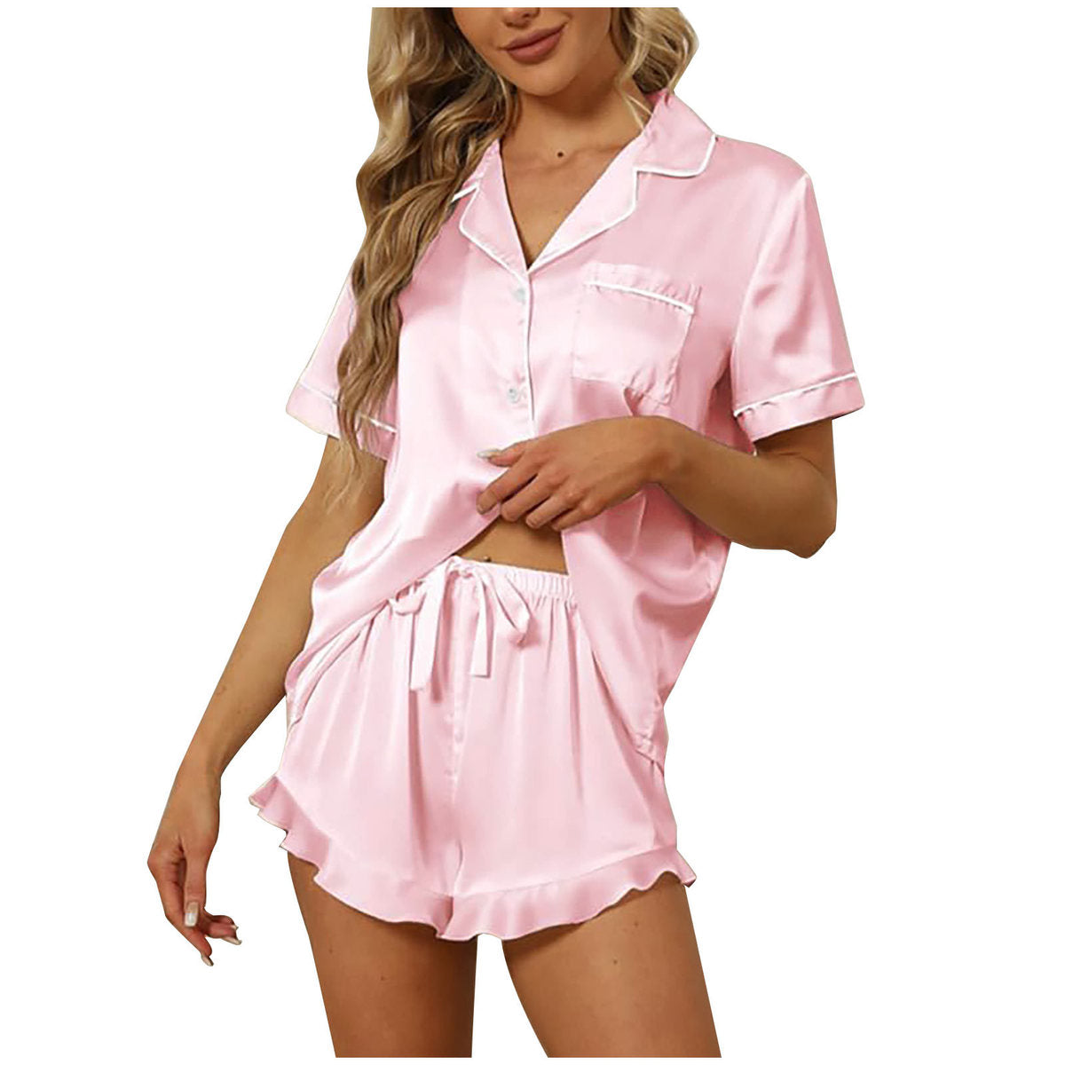 Women Fashion Casual Silk Satin Short-Sleeved Pajamas Set