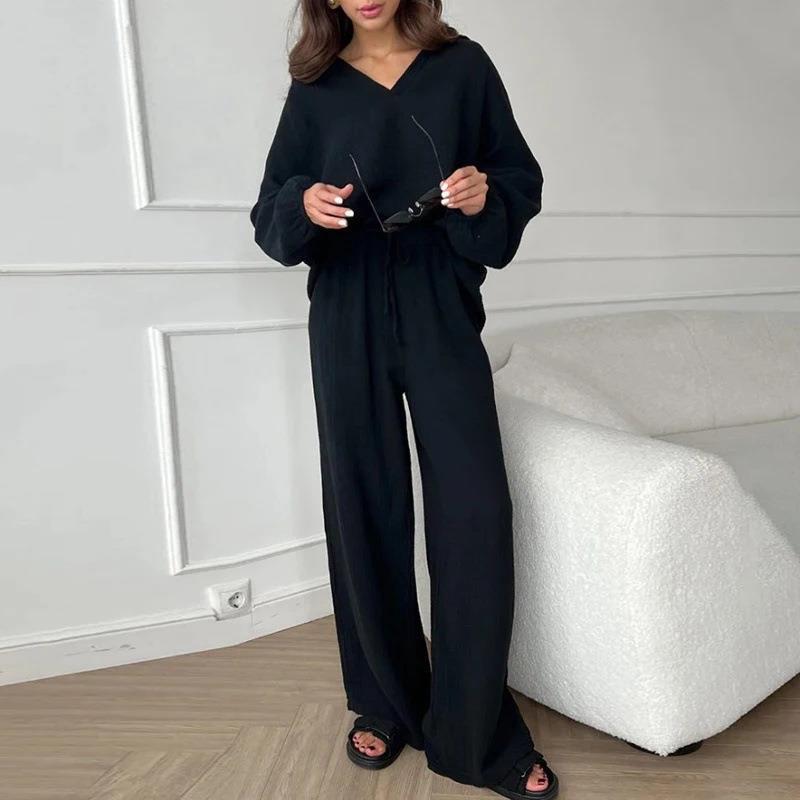 Ensemble deux pièces à col en V et couleur unie pour femme