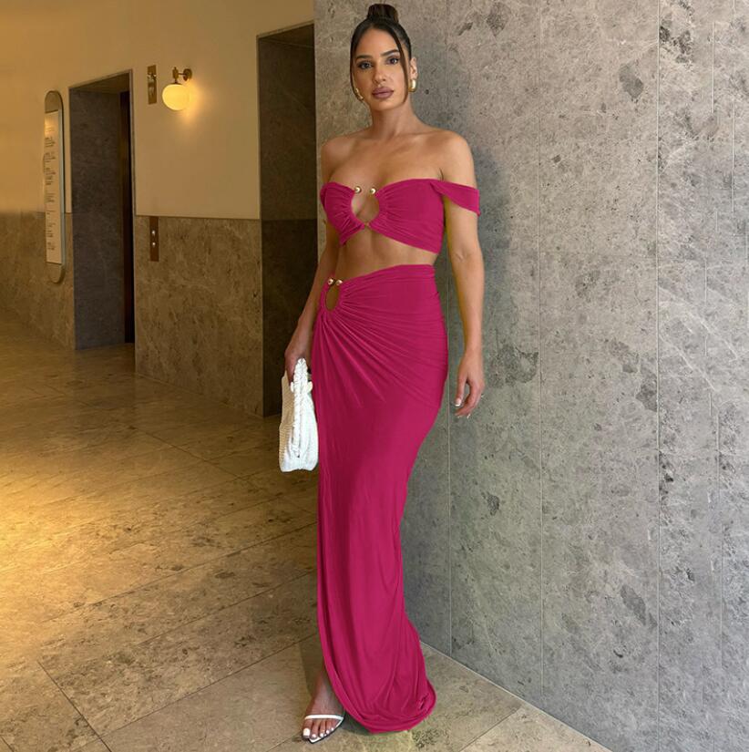 Women Sexy Crop Top Side-Slit Skirt Set