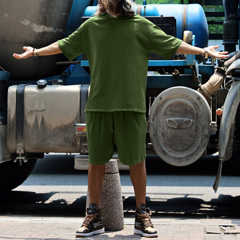 Men's Casual Solid Color Cotton Blend T-Shirt and Shorts Set