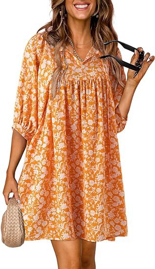 Women Fashion Casual Boho Floral Printed V-Neck Lantern Sleeve Dress