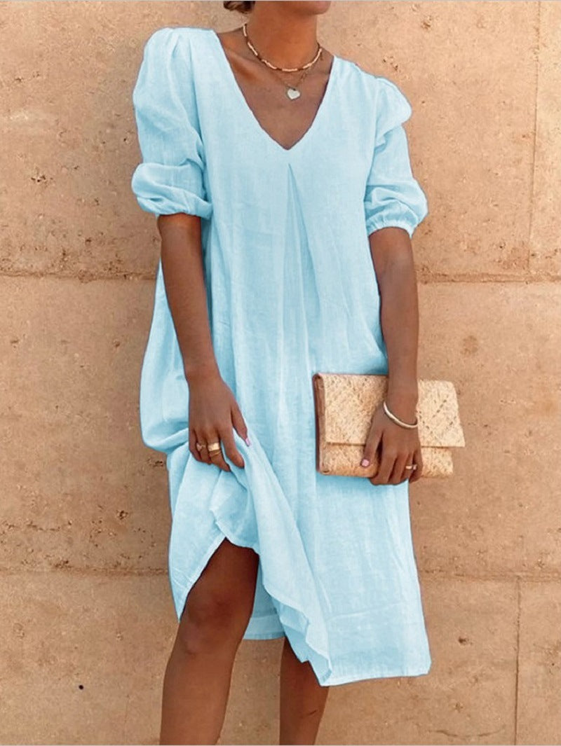 Women Casual Long Sleeve Cotton Linen Dress