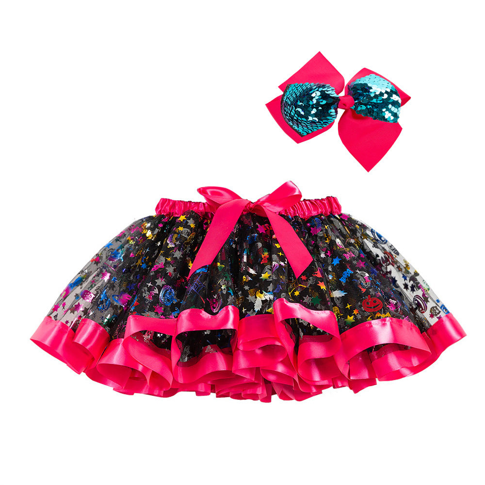 Kids Toddler Girls Halloween Pumpkin Skirt with Sequin Bow
