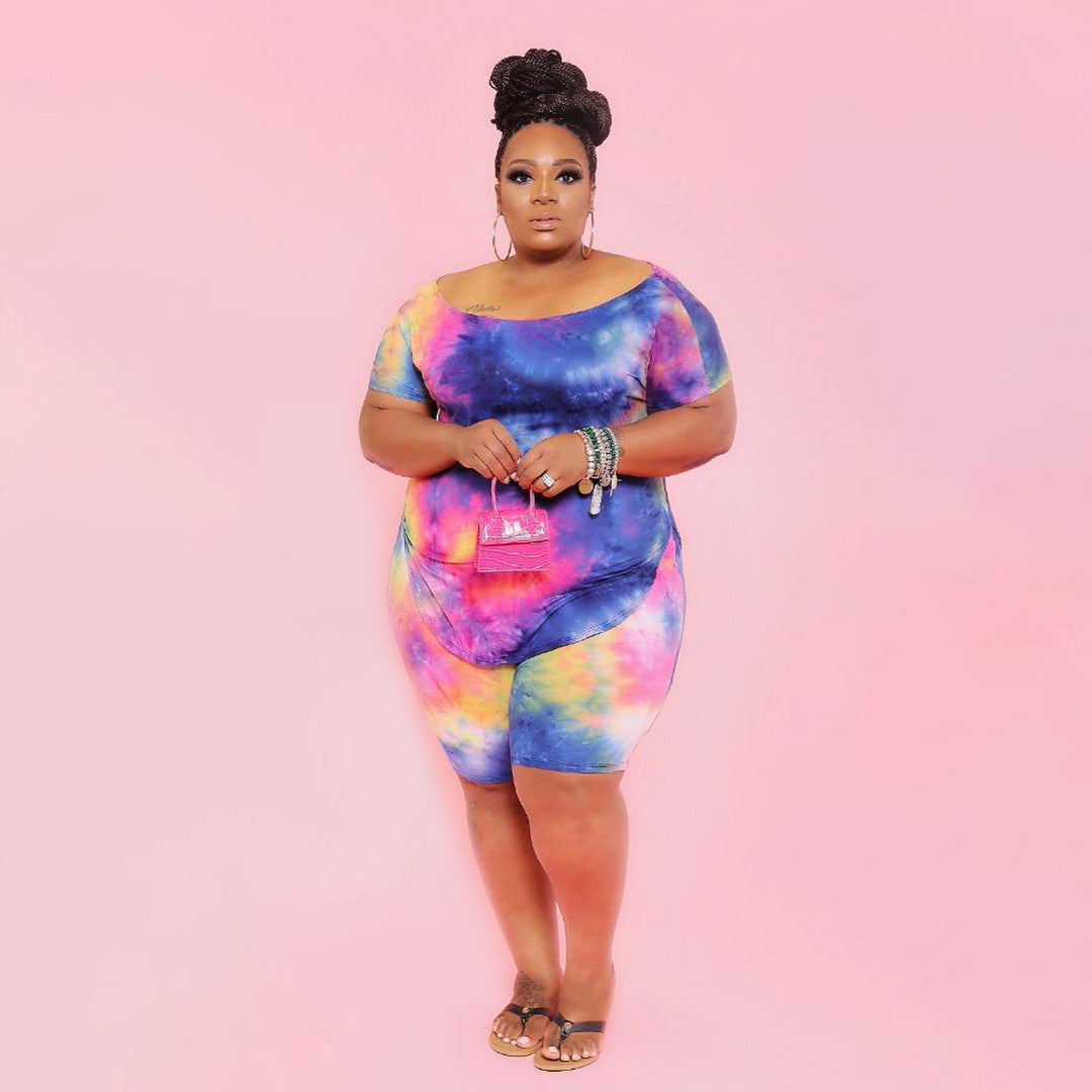 Women Casual Plus Size Tie-Dye Short-Sleeve T-Shirt Tight Shorts Two-Piece Set