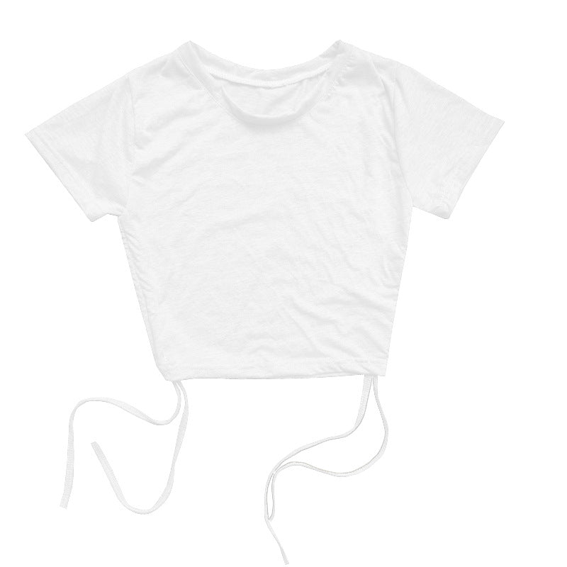 Top corto de manga corta con cordón ajustable, sexy, de color liso, a la moda para mujer