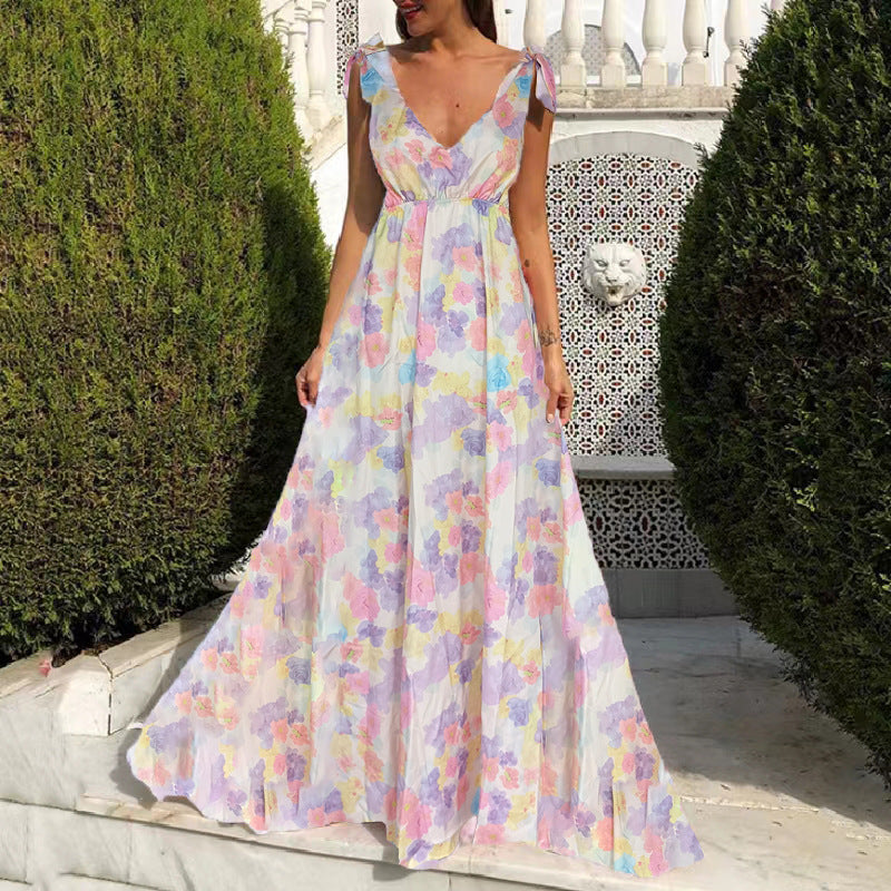 Elegante vestido sin mangas con cuello en V y estampado floral para mujer