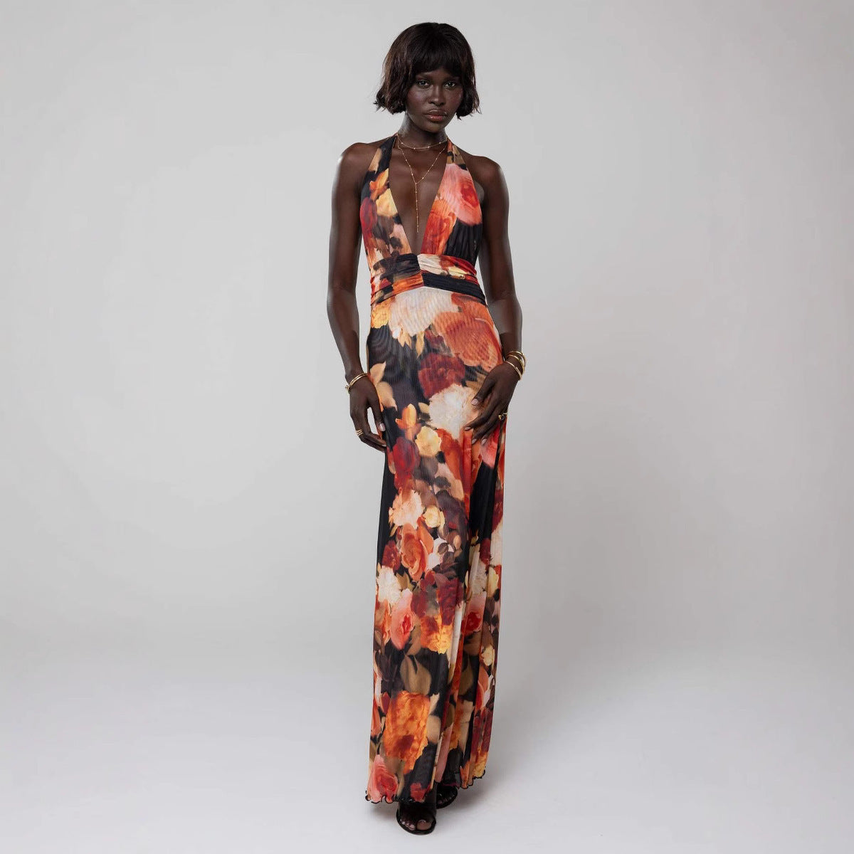 Women Fashion Sexy Printed Halter-Neck Backless Dress