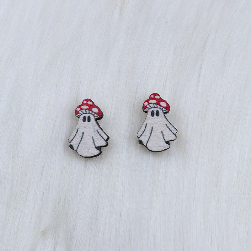 Halloween Women Fashion Wood Print Skull Earrings