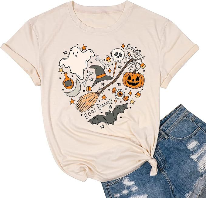 Camiseta de cuello redondo con estampado de fantasma de calabaza de Halloween para mujer