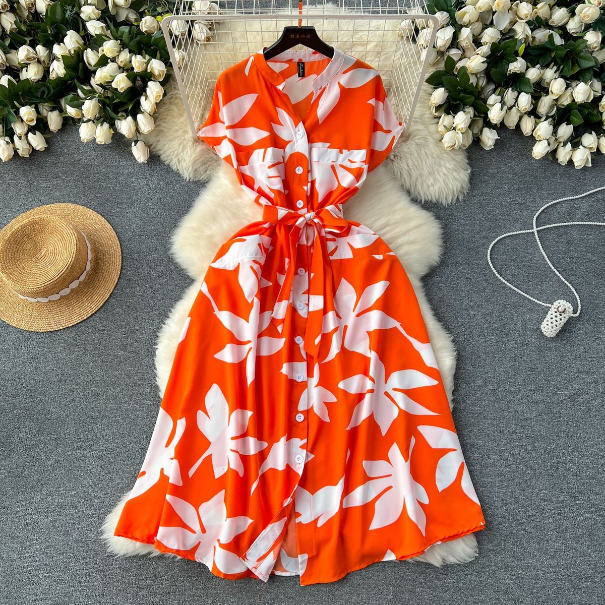 Women Fashion Casual Vacation Printed V-Neck Dress