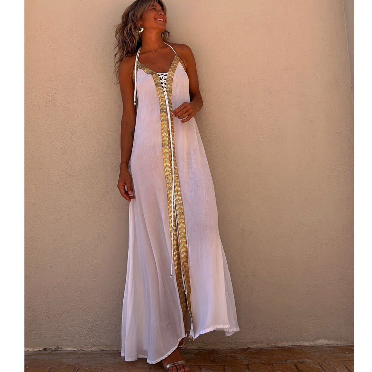 Vestido largo informal de verano con cuello halter y mangas abullonadas para primavera y verano