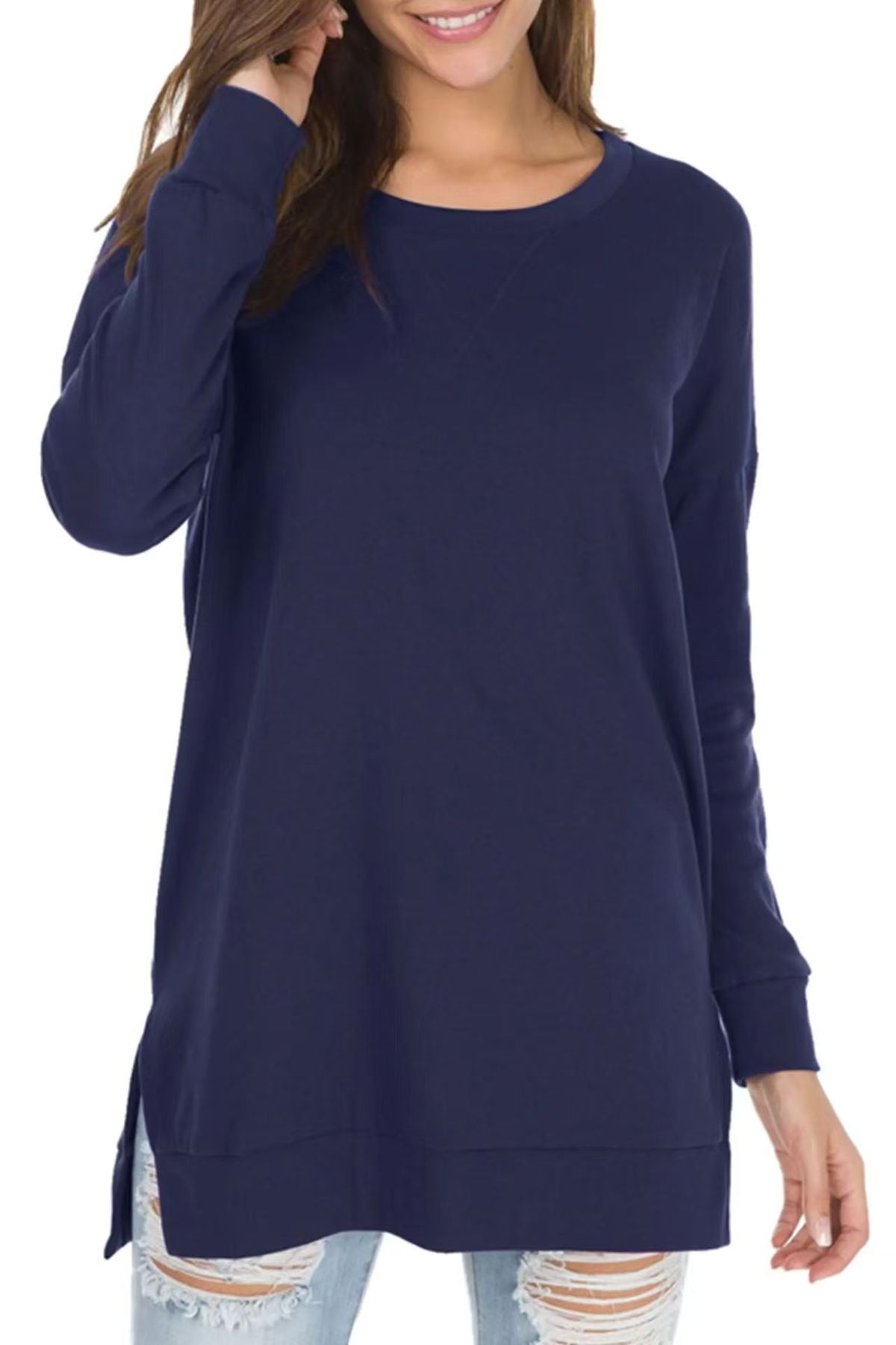 Camiseta sencilla de manga larga con cuello redondo y color liso para mujer