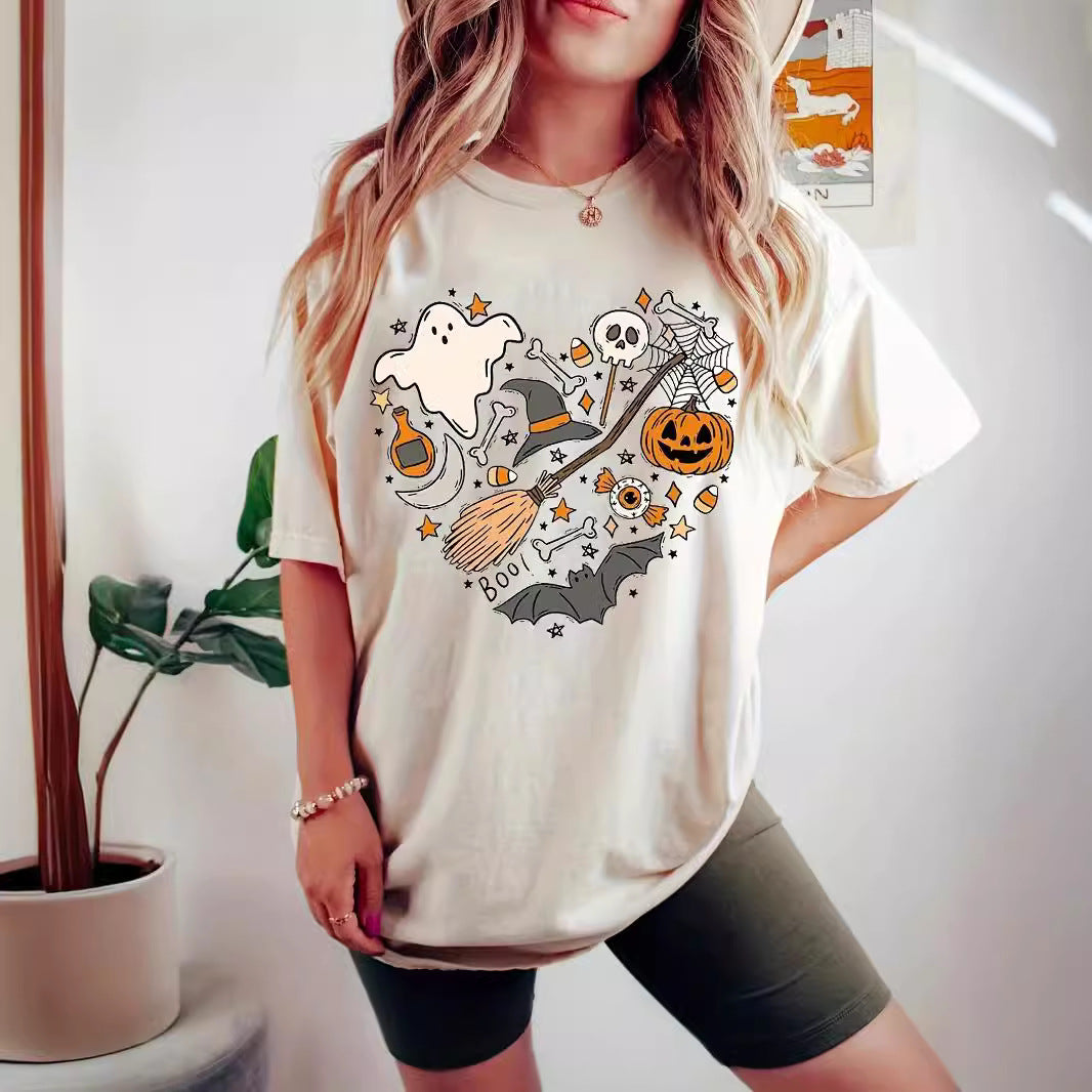 T-shirt col rond en coton imprimé Halloween pour femme