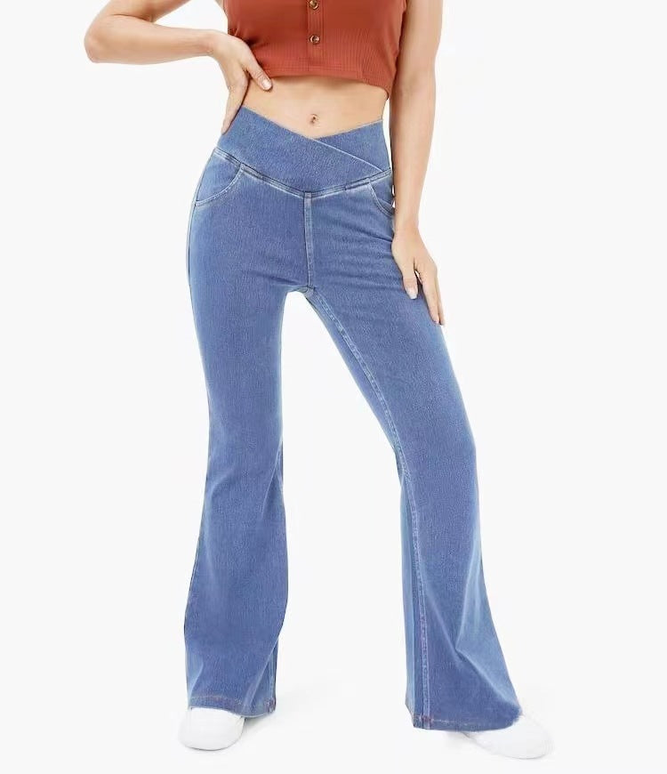 Women Fashion Casual Solid Color High Waist Jeans