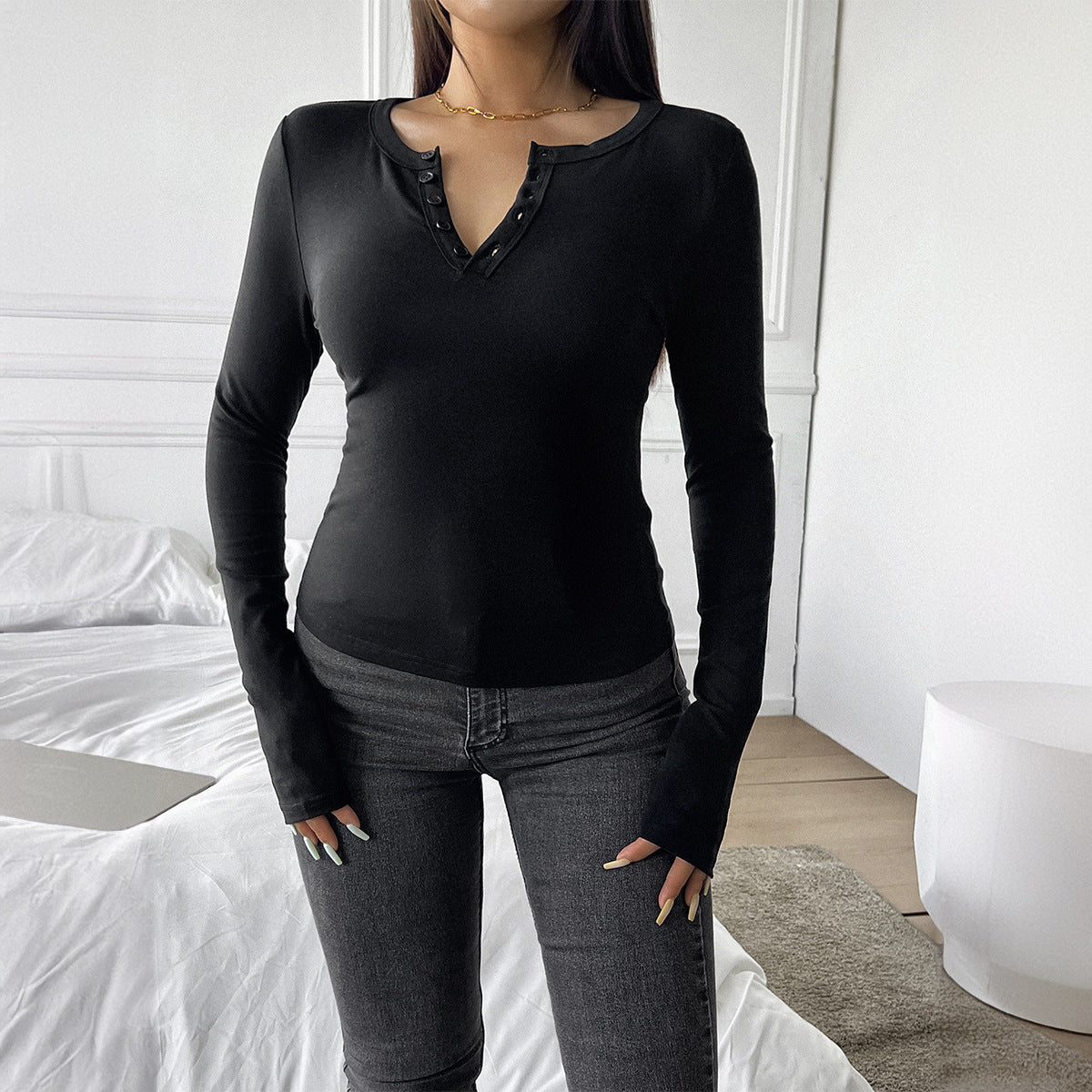 Women Casual Simple V-Neck Button Long Sleeve Blank T-Shirt
