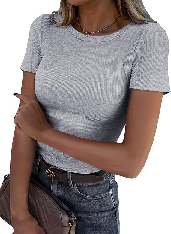 Camiseta de manga corta con canalé elástico de color liso para mujer