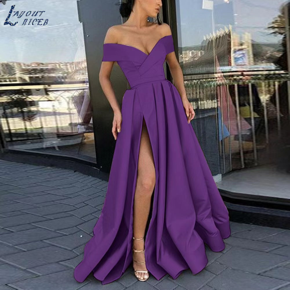 Women Sexy Elegant Satin Deep V-Neck Off Shoulder Party Dress