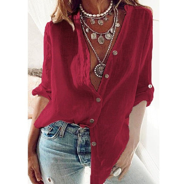 Camisa de lino y algodón de otoño de gran tamaño para mujer