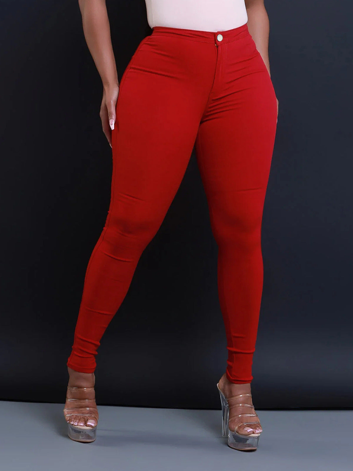 Women Fashion Solid Color Mid-Waist Tight Jeans