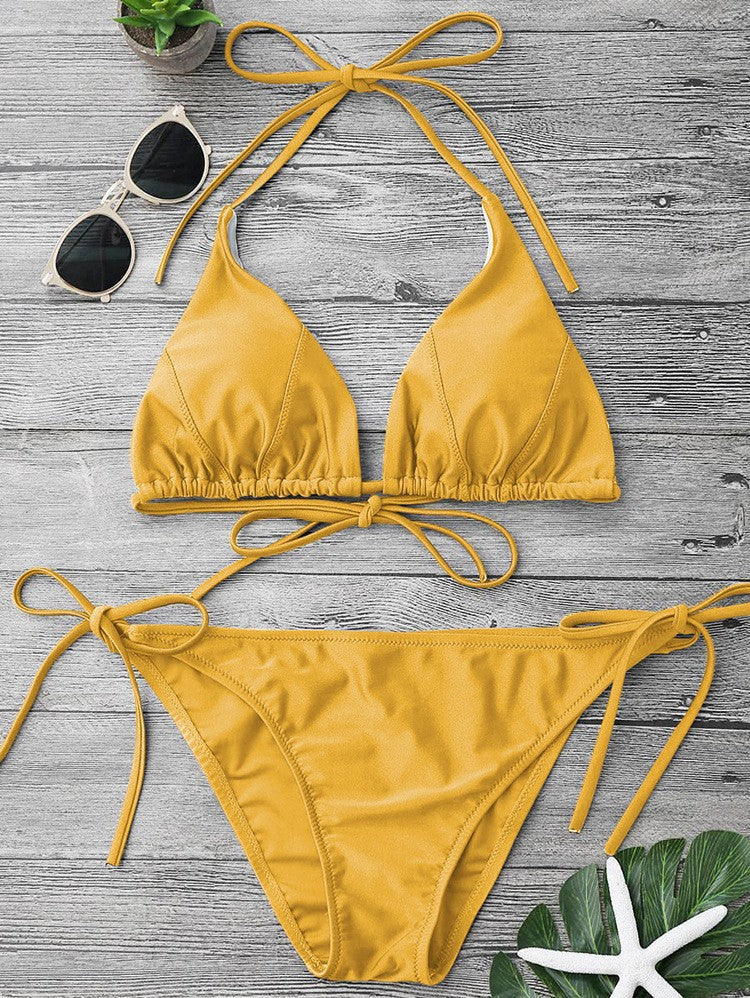 Maillot de bain bikini dos nu sexy et simple pour femme, couleur unie