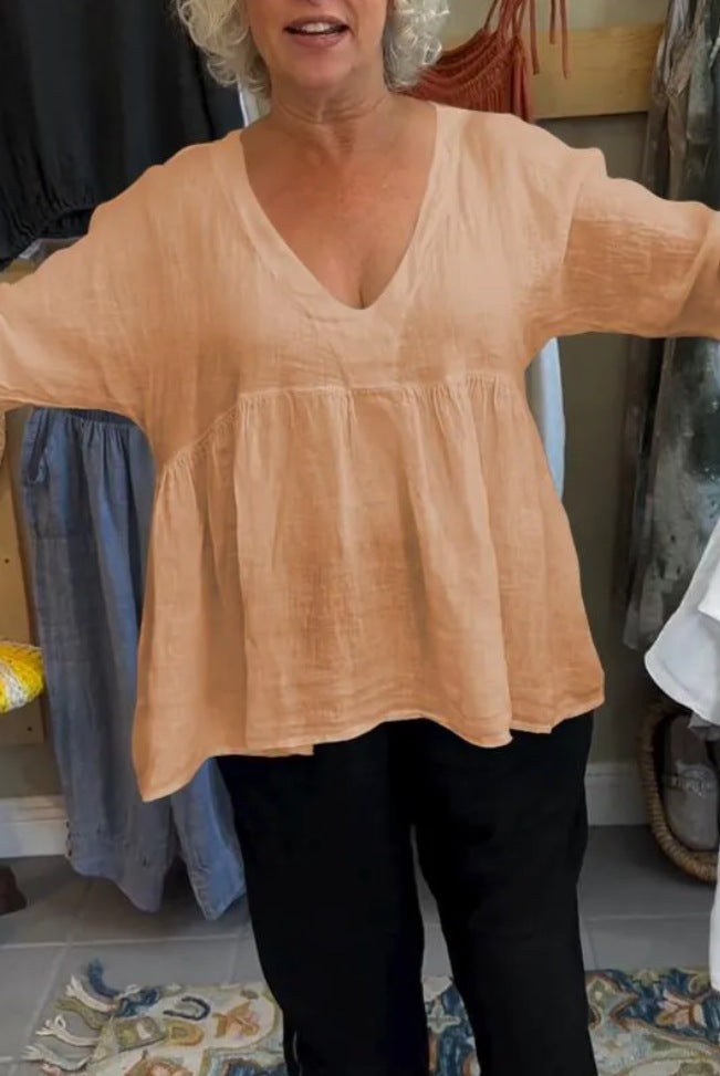 Women Casual Solid Cotton Linen V-Neck Blouse