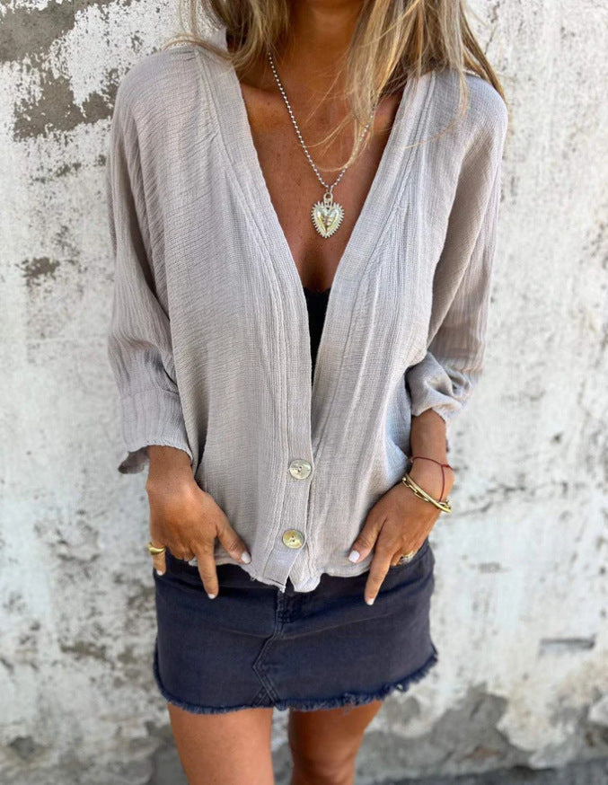 Blusa informal de algodón y lino con cuello en V y manga larga para mujer