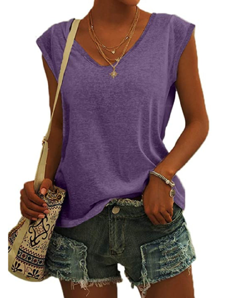 Summer Women Simple Solid Color V-Neck Blank T-Shirt