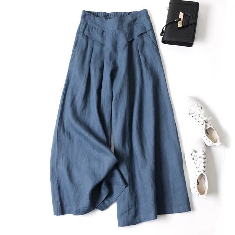 Pantalones anchos informales de algodón y lino de color liso para mujer