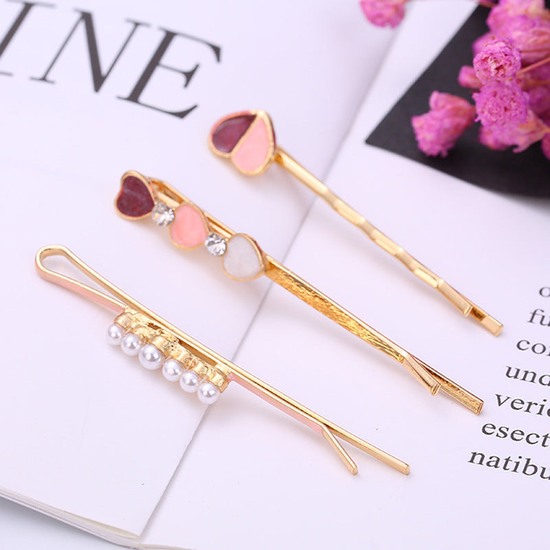 Women Fashion Round Multicolor Beads Rhinestone Hairpin Set