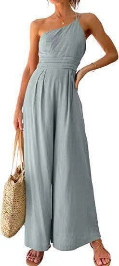 Mono informal de lino y algodón de color liso a la moda para mujer