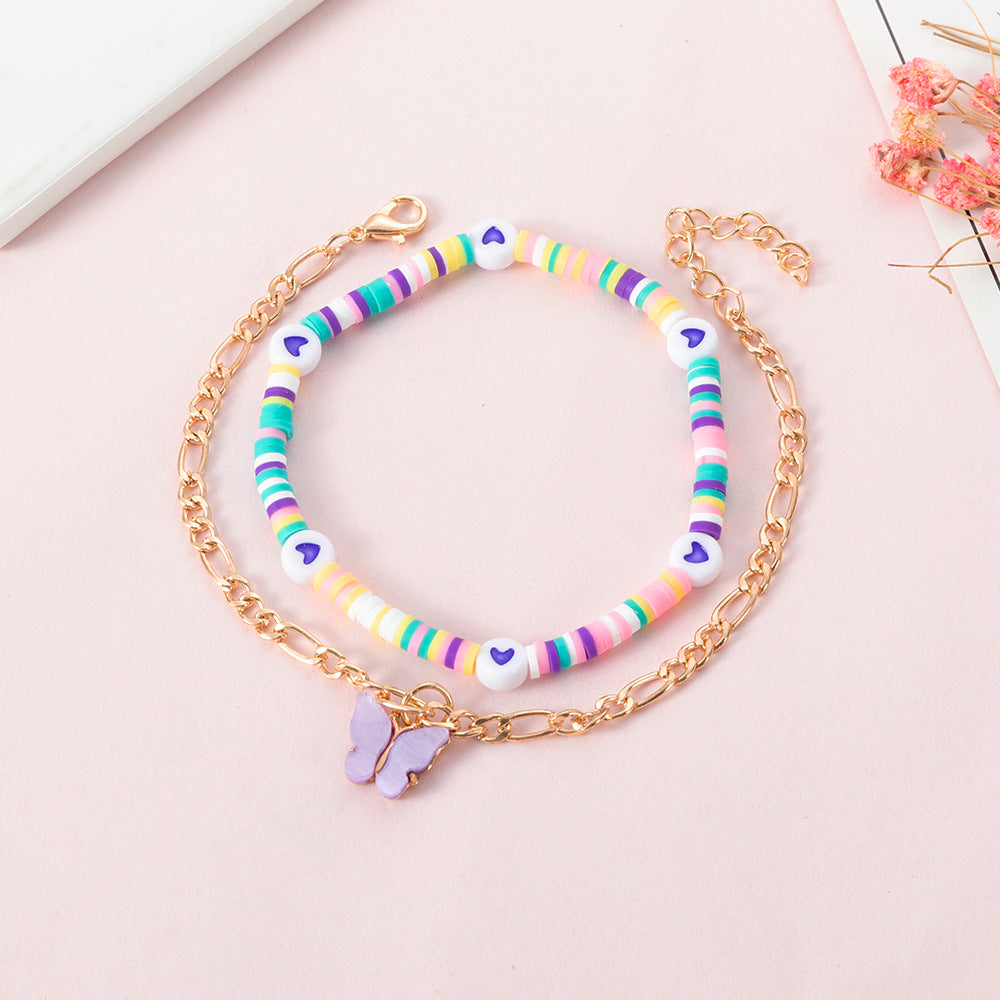 Conjunto de tobillera de doble capa con cuentas de corazón y mariposa bohemia