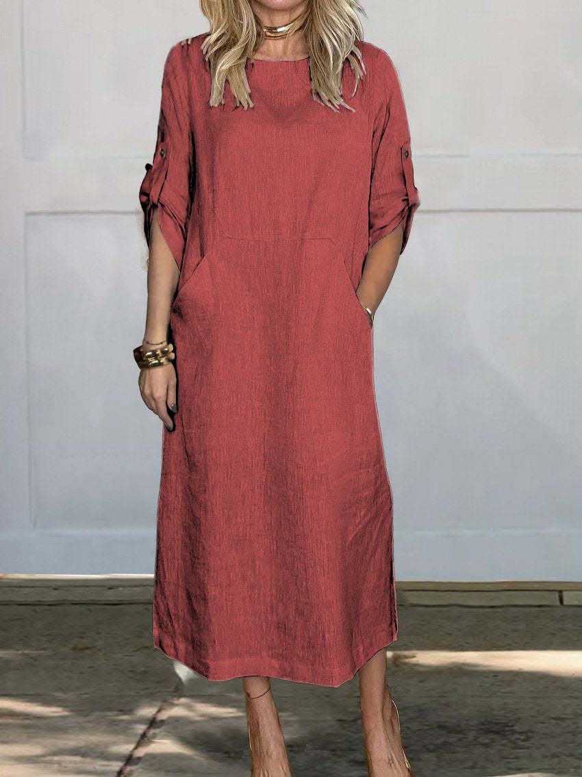 Summer Women Casual Solid Color Round Neck Dress
