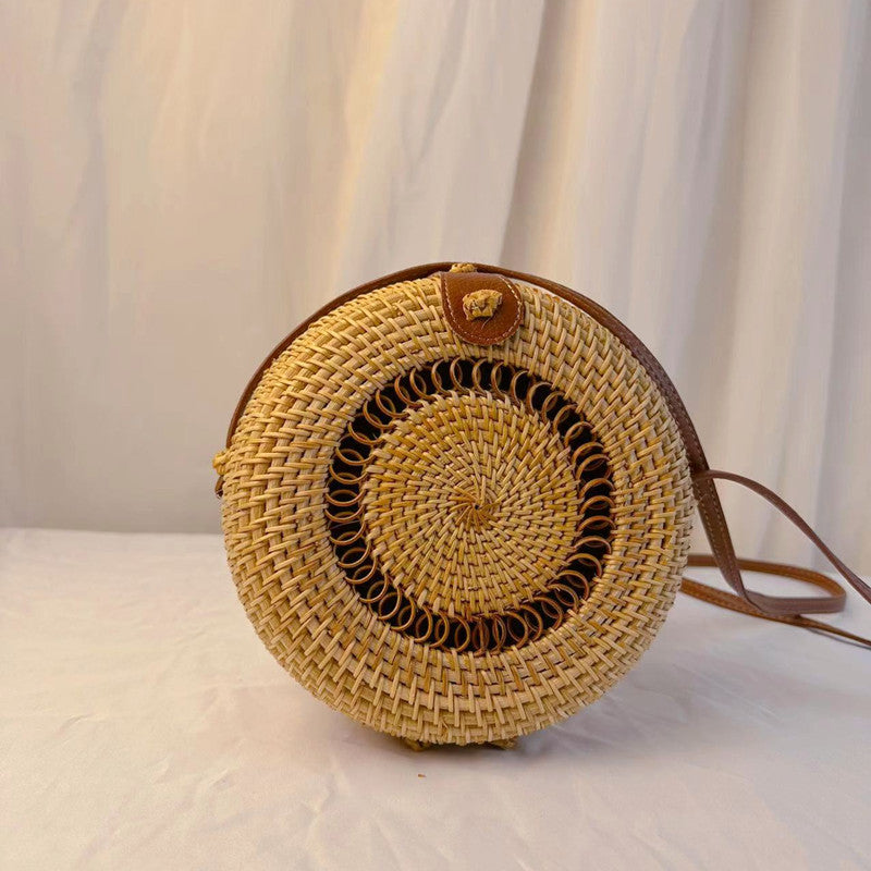Sac rond en paille tissée vintage de style bohème