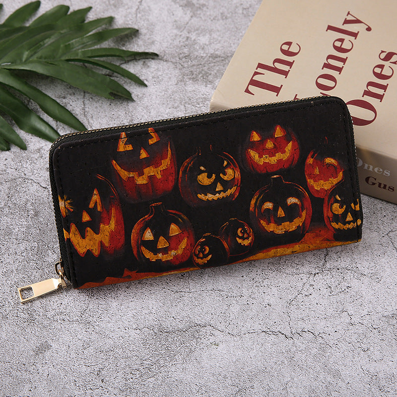 Monederos con cremallera multicapa con estampado de calabaza y murciélago de Halloween para mujer
