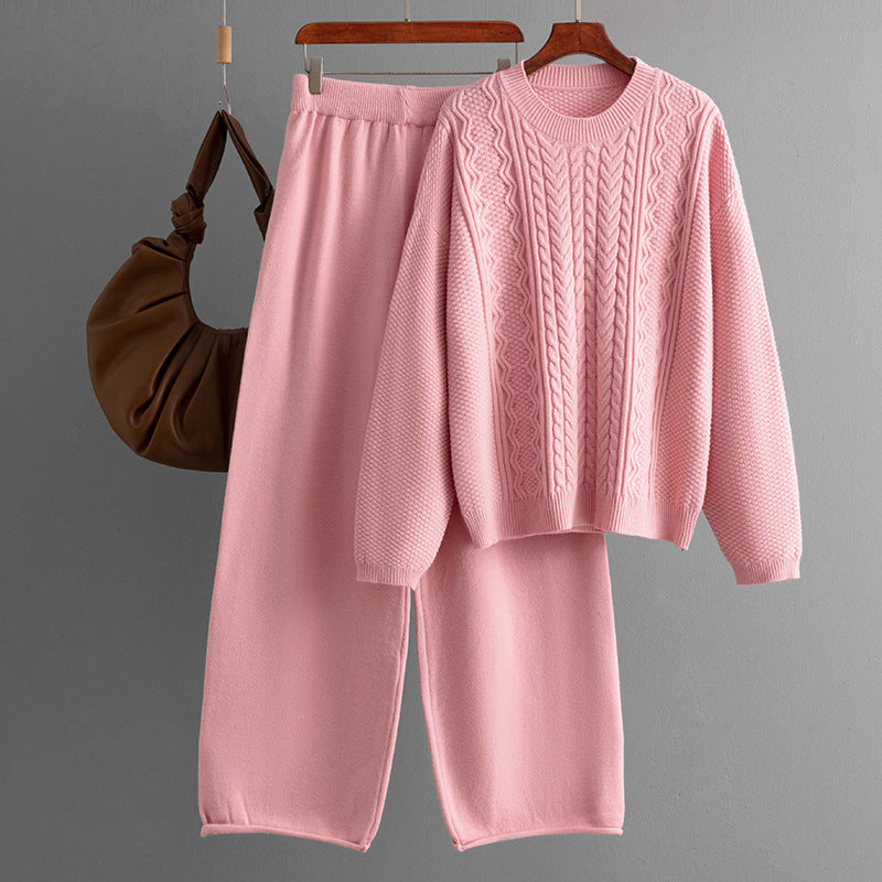 Ensemble pull tricoté décontracté de couleur unie et pantalon large pour femme
