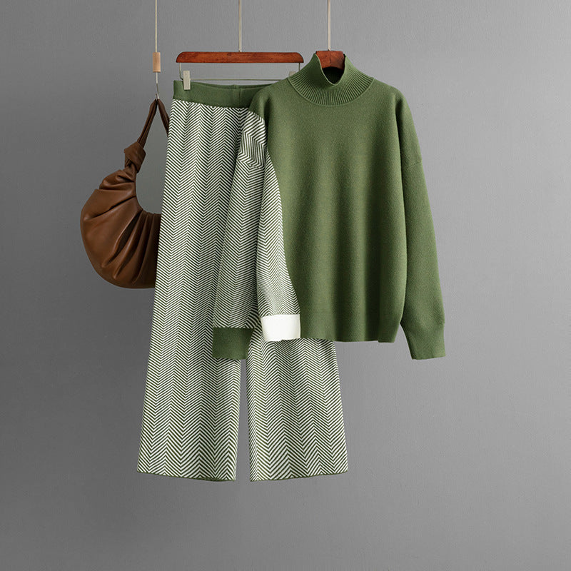 Conjunto de punto con pantalones anchos en contraste de color para mujer
