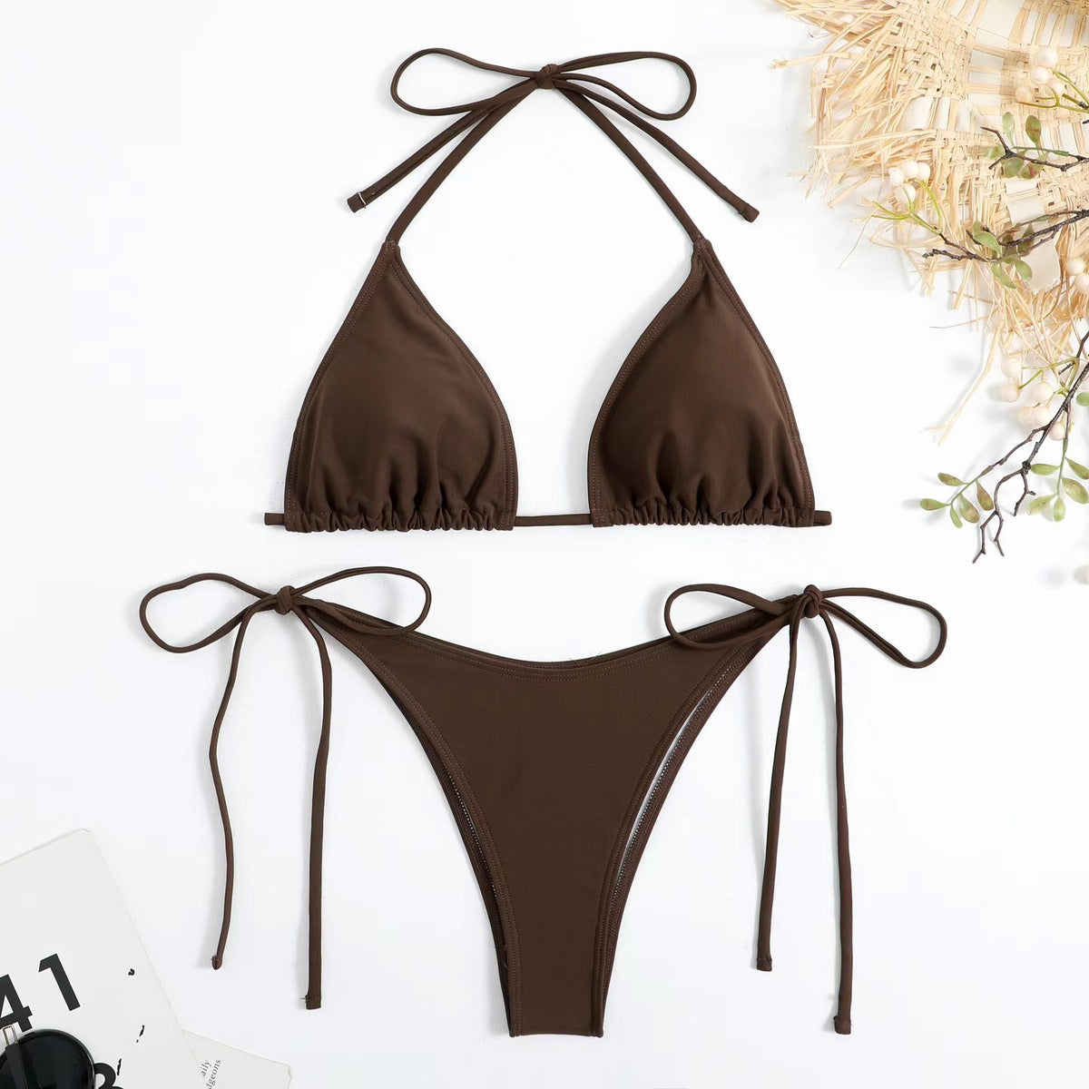 Bikini sexy de cuello halter de color sólido a la moda para mujer