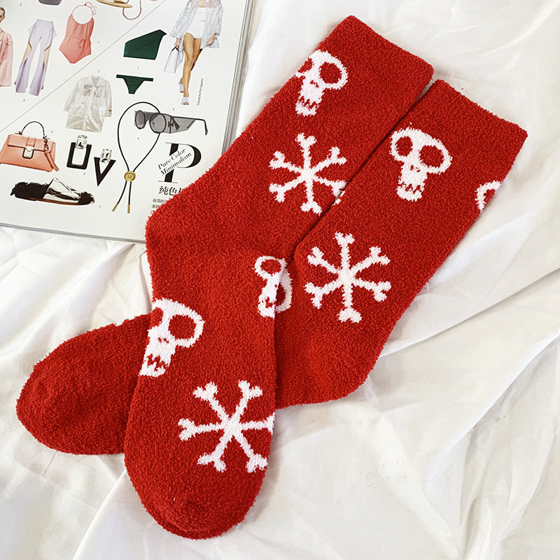 Calcetines de polar coral cálidos con dibujos animados de Halloween y Navidad con personalidad de moda