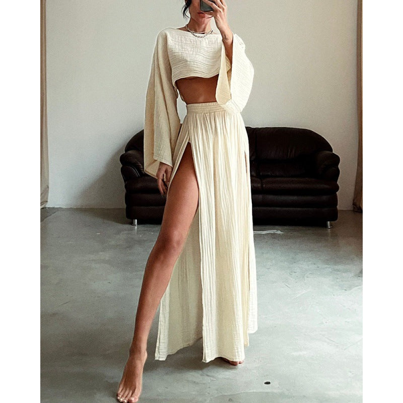 Women Casual Solid Cotton Linen Long Sleeve Crop Top and Skirt Set