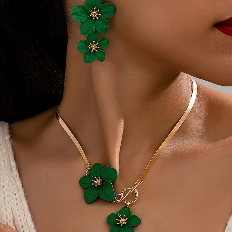 Elegant Alloy Floral Pendant Necklace Earrings Set - Fashion Jewelry