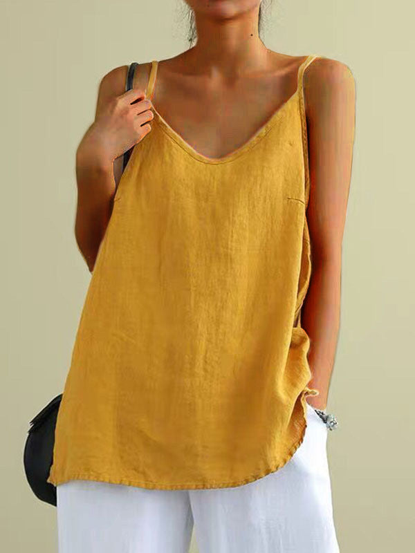 Women Casual Solid Color Cotton Linen Camisole