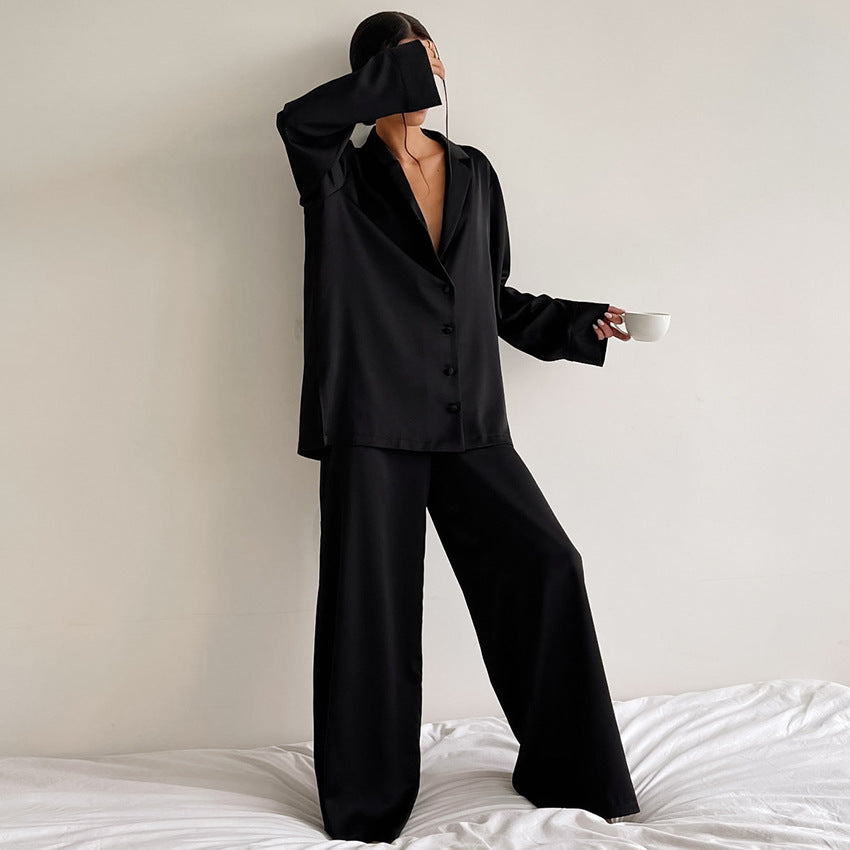 Women's Long-Sleeved Solid Satin Two-Piece Pajamas