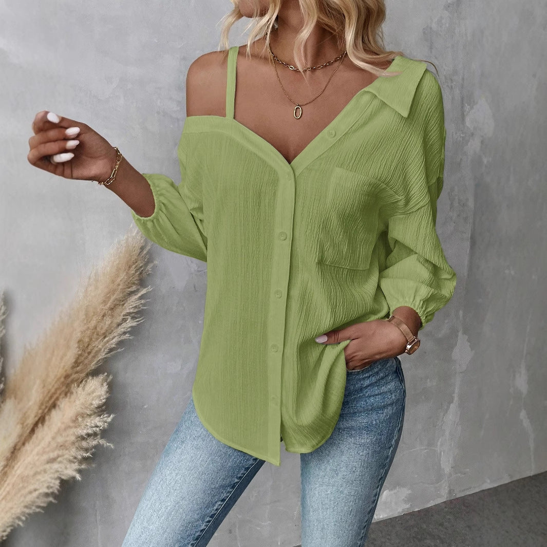 Women Fashion Sexy Solid Color Lapel Blouse