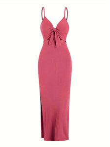 Women Elegant Sleeveless Slim-Fit Solid Color Dress - V-Neck Backless Style