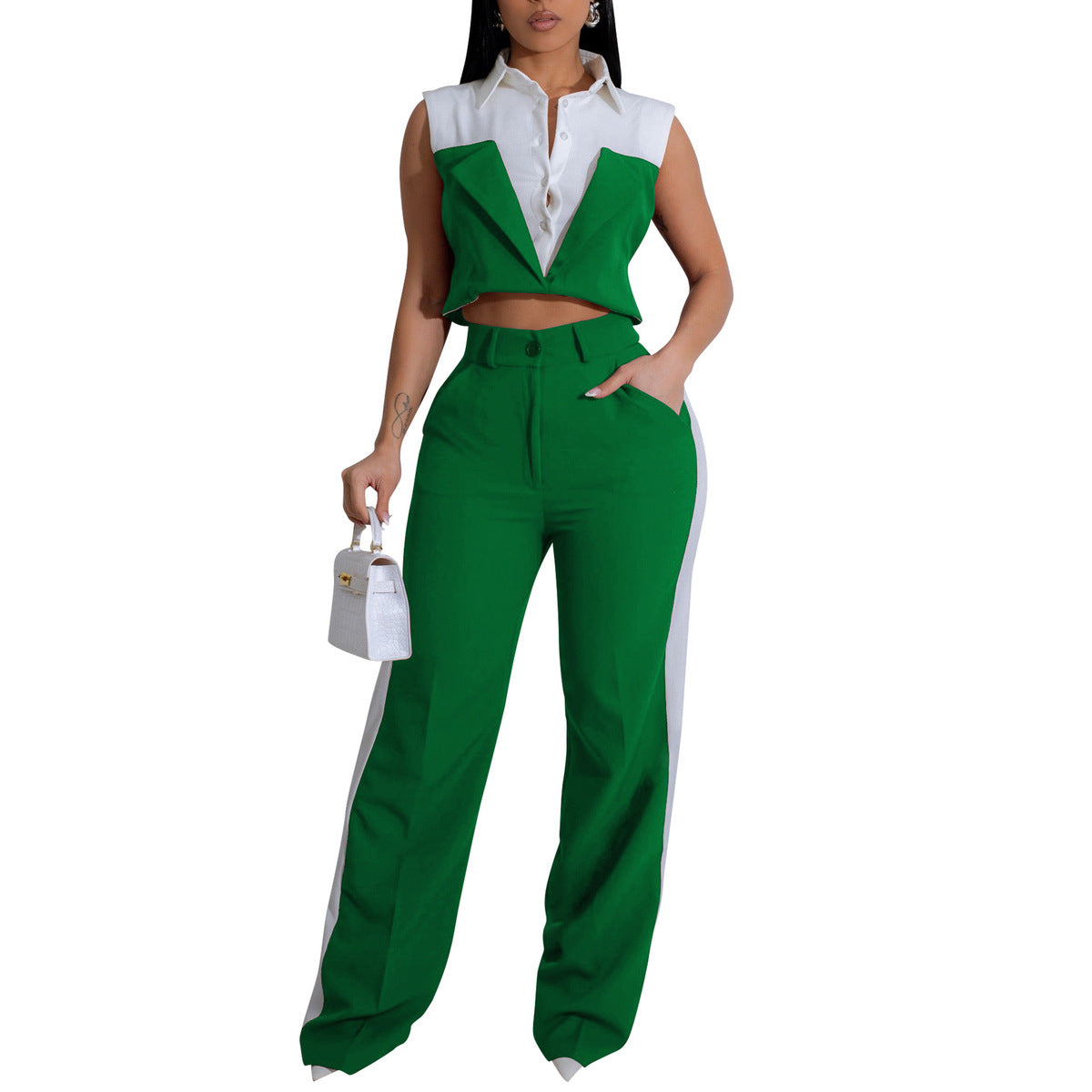Women Sleeveless Color Blocking Shirt Pants Set Polyester Spandex