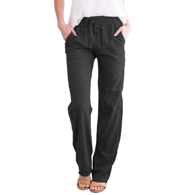 Pantalones casuales de algodón y lino de color sólido para mujer